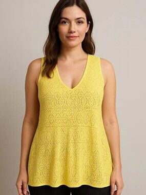 Womens Plus Sz L Yellow Cotton Lace Knit V-Neck Flared Tank Top Crochet Tunic